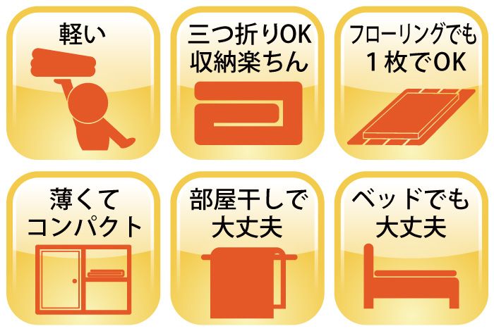 生活機能面から見た理想の敷布団のおすすめは、軽い、折りたためる、フローリングでも1枚で大丈夫、薄くてコンパクト、部屋干しで大丈夫、ベッドでも大丈夫の条件に対応している敷布団がおすすめ