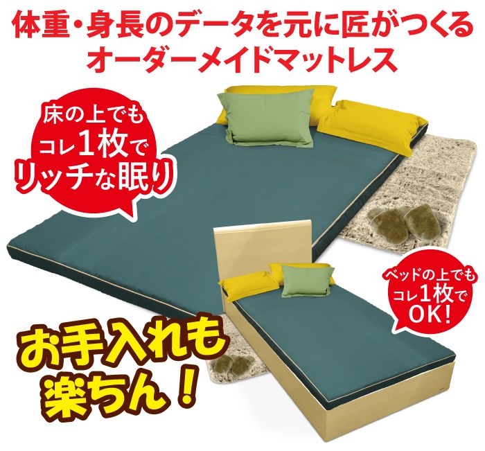 体重・身長のデータを元に匠がつくる櫻道ふとん店のオーダーメイドマットレス「腰いい寝Comfort」「快眠の王Comfort」は寝心地はもとよりデザインも良く仕上がります。