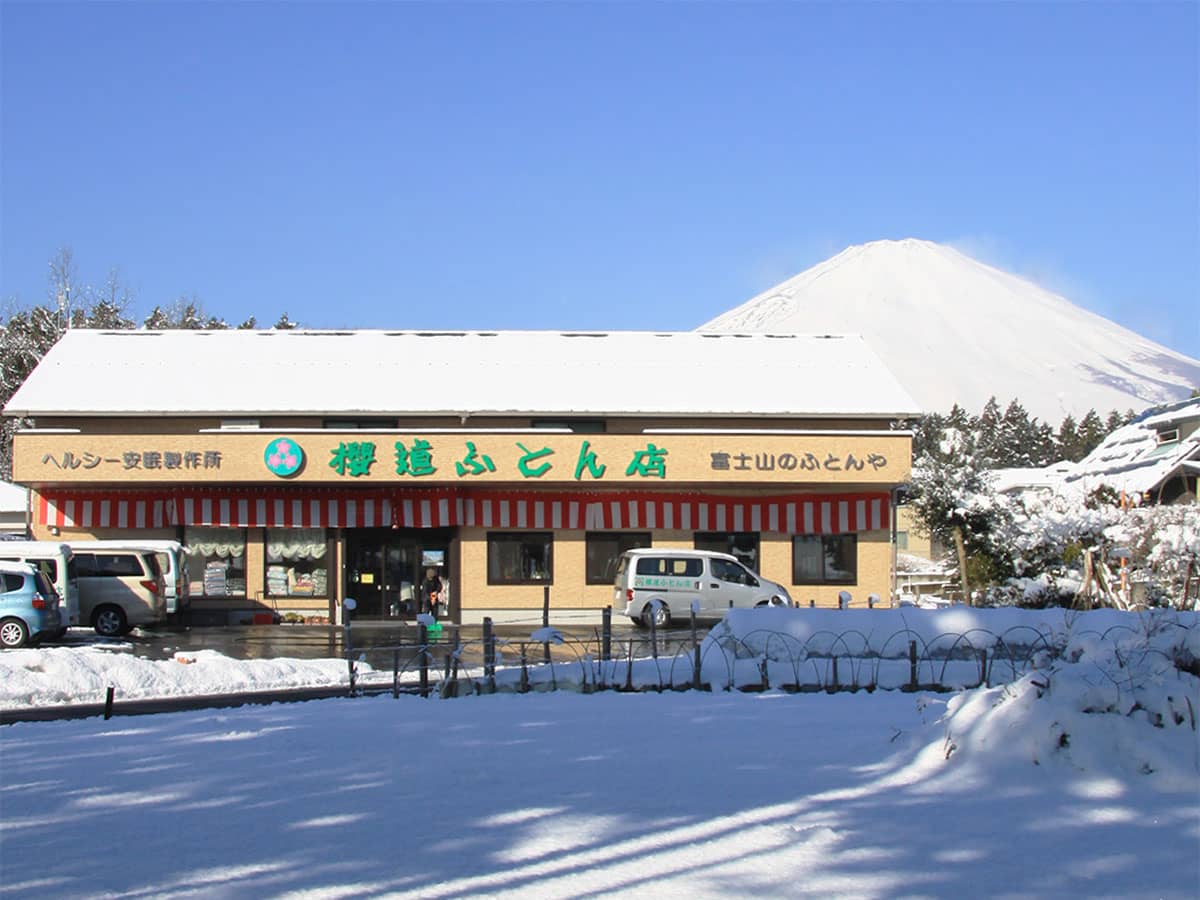 お店で手作り羽毛布団「富士山スペシャル羽毛」で使われている羽毛を手にとって確かめる。